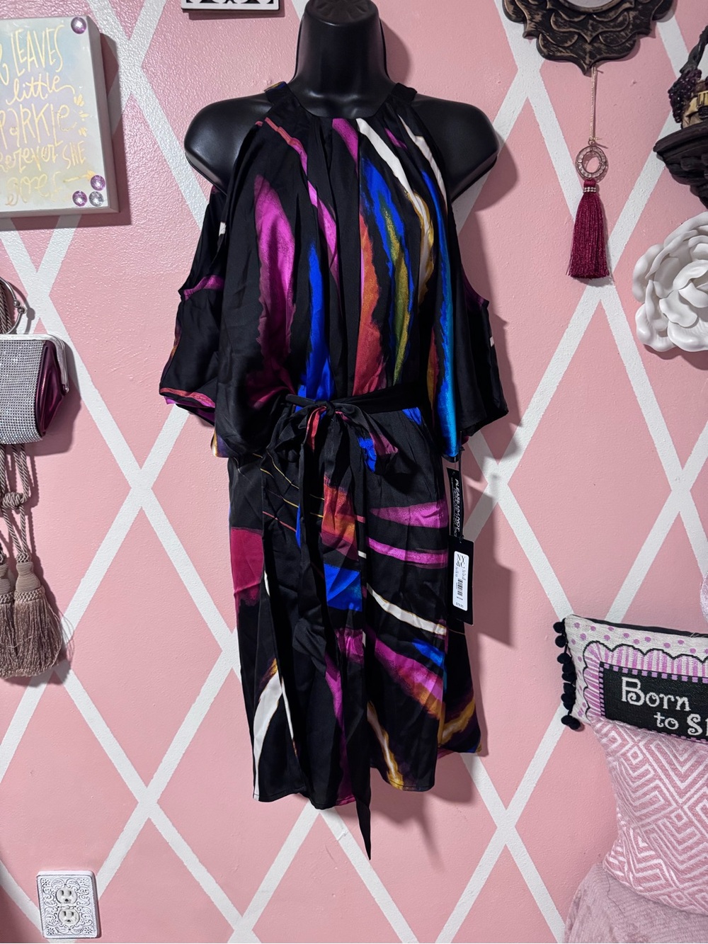 New York & Company Black Abstract Multi-Color Print Top